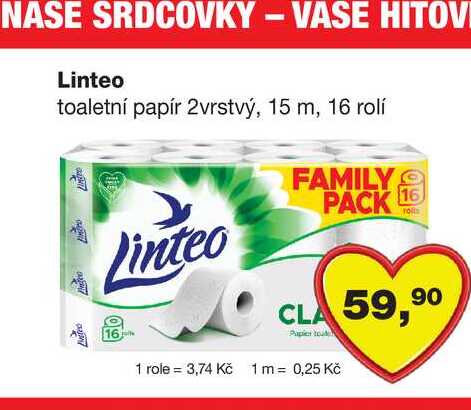 Linteo toaletní papír 2vrstvý, 15 m, 16 rolí