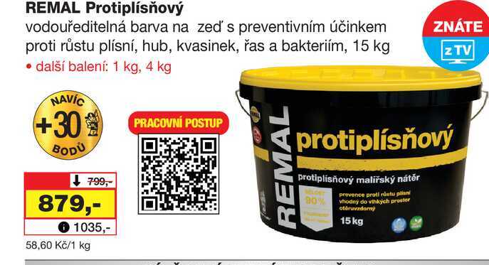 REMAL Protiplísňový vodouředitelná barva na zeď's preventivním účinkem proti růstu plísní, hub, kvasinek, řas a bakteriím, 15 kg