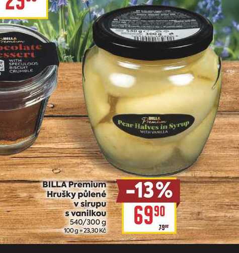 BILLA Premium Hrušky půlené v sirupu s vanilkou 540/300 g