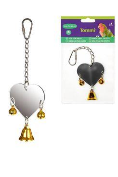 Hračka pro exoty zrcátko srdce se zvonkem a rolničkami