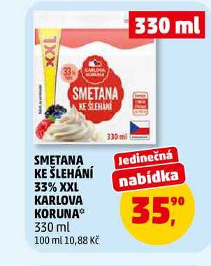 SMETANA KE ŠLEHÁNÍ 33% XXL KARLOVA KORUNA, 330 ml