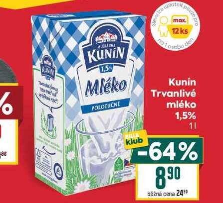 Kunín Trvanlivé mléko 1,5% 1l