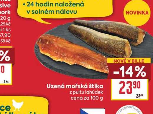 Uzená mořská štika z pultu lahůdek cena za 100 g 