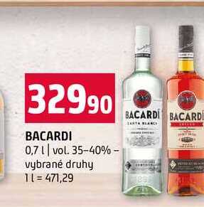 BACARDI 0,7l vol. 35-40% vybrané druhy 