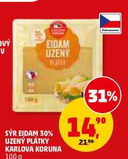 SÝR EIDAM 30% UZENÝ PLÁTKY KARLOVA KORUNA, 100 g 