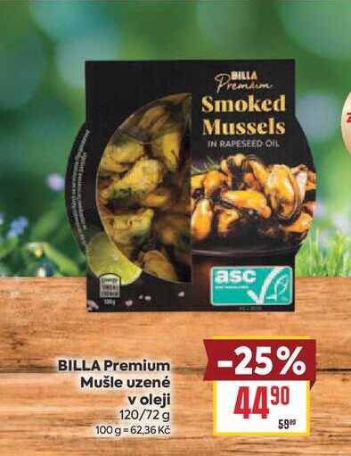 BILLA Premium Mušle uzené v oleji 120/72 g 