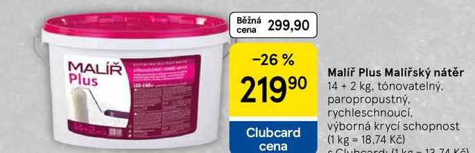 Malíř Plus Malířský nátěr, 14+ 2 kg. tónovatelný. paropropustný. rychleschnoucí, výborná krycí schopnost 