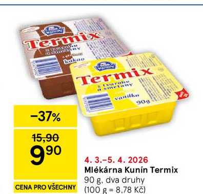 Mlékárna Kunín Termix, 90 g, dva druhy 