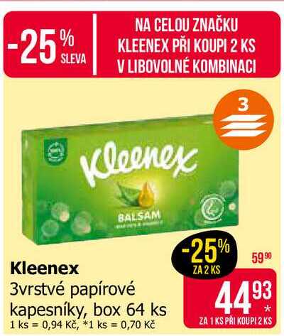 Kleenex 3vrstvé papírové kapesníky, box 64 ks 