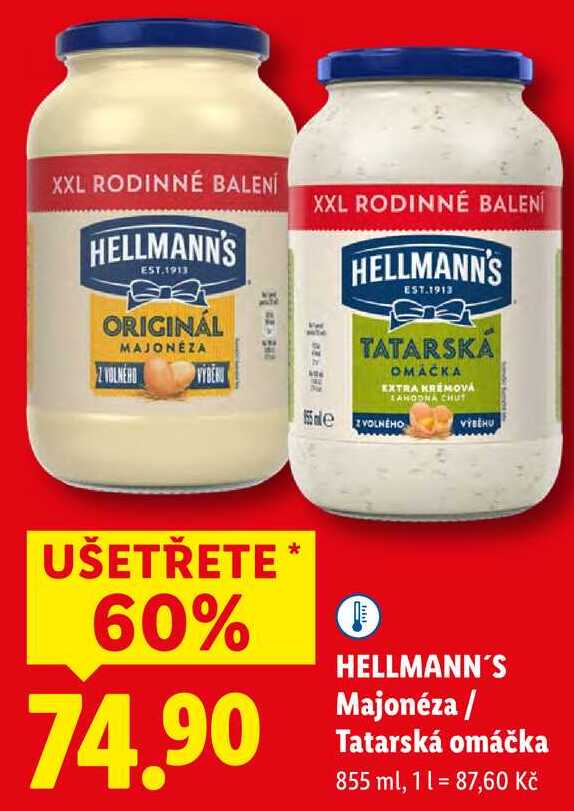 HELLMANN'S Majonéza/Tatarská omáčka, 855 ml