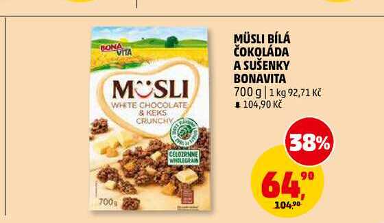MÜSLI BÍLÁ ČOKOLÁDA A SUŠENKY BONAVITA, 700 g v akci