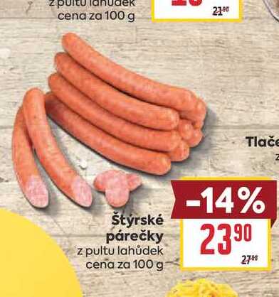 Štýrské párečky z pultu lahůdek cena za 100 g