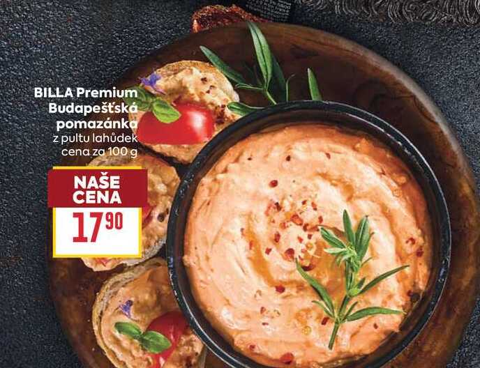 BILLA Premium Budapešťská pomazánka z pultu lahůdek cena za 100 g 