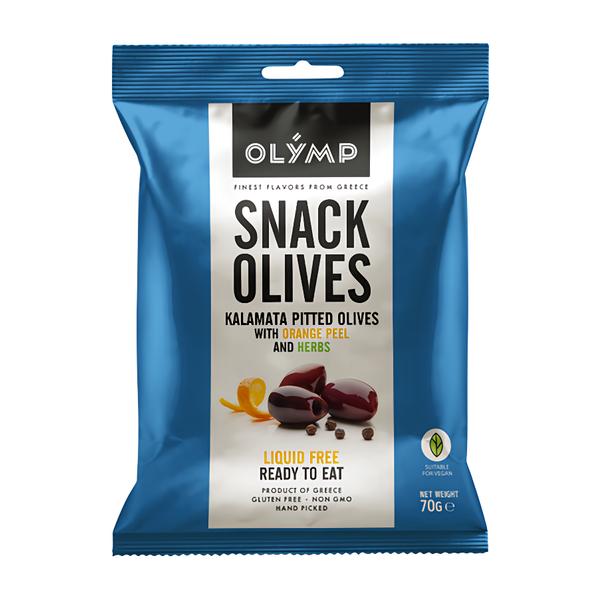 Olymp Kalamata tmavé olivy bez pecky s pomerančovou kůrou a bylinkami