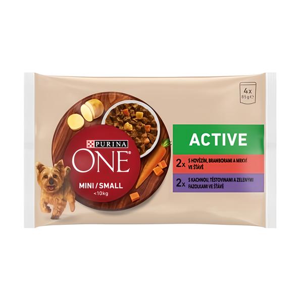 Purina ONE Mini Dog Active kapsičky pro psy hovězí, kachna ve šťávě 4x85g