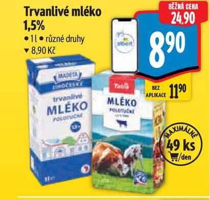Trvanlivé mléko 1,5%  1 l v akci