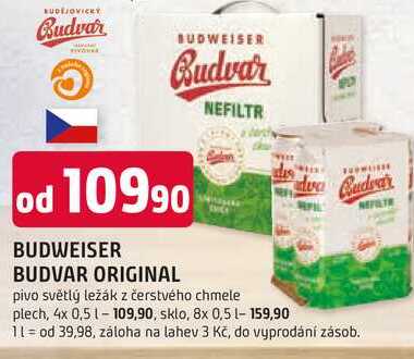 BUDWEISER BUDVAR ORIGINAL NEFILTR pivo světlý ležák z čerstvého chmele plech, 4x 0,5l