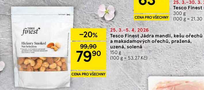 Tesco Finest Jádra mandlí, kešu ořechů a makadamových ořechů, pražená, uzená, solená, 150 g