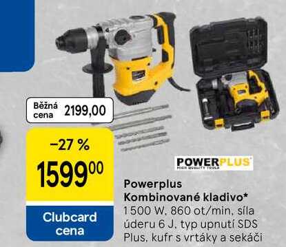 Powerplus Kombinované kladivo, 1500 W, 860 ot/min, síla úderu 6 J. typ upnutí SDS Plus, kufr s vrtáky a sekáči