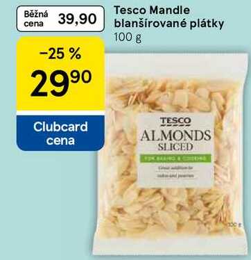 Tesco Mandle blanšírované plátky, 100 g 