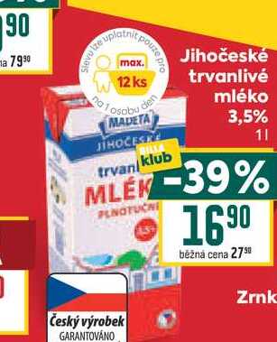 Jihočeské trvanlivé mléko 3,5% 1l