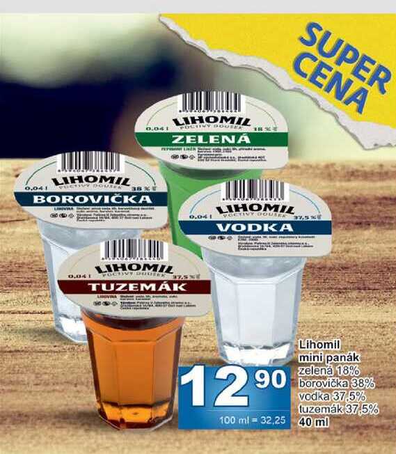 Lihomil mini panák zelená 18%, borovička 38%, vodka 37,5%, tuzemák 37,5% 100 ml