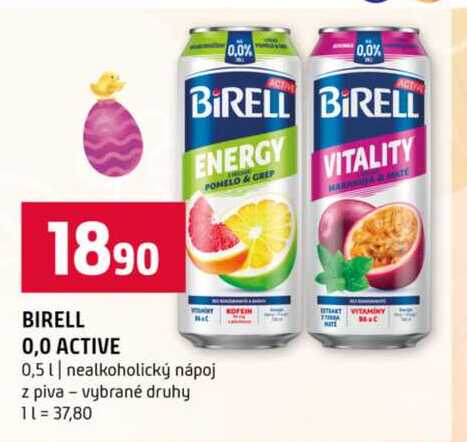 BIRELL 0,0 ACTIVE 0,5l nealkoholický nápoj z piva vybrané druhy 