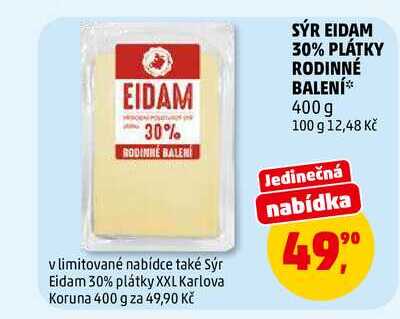 SÝR EIDAM 30% PLÁTKY RODINNÉ BALENÍ, 400 g