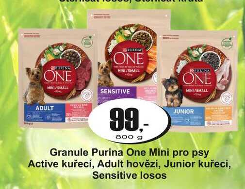 Granule Purina One Mini pro psy Active kuřecí, Adult hovězí, Junior kuřecí, Sensitive losos 800g
