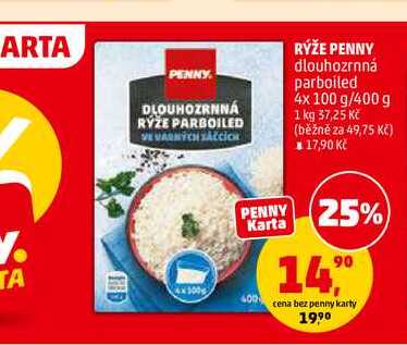 RÝŽE PENNY dlouhozrnná parboiled, 4x 100 g