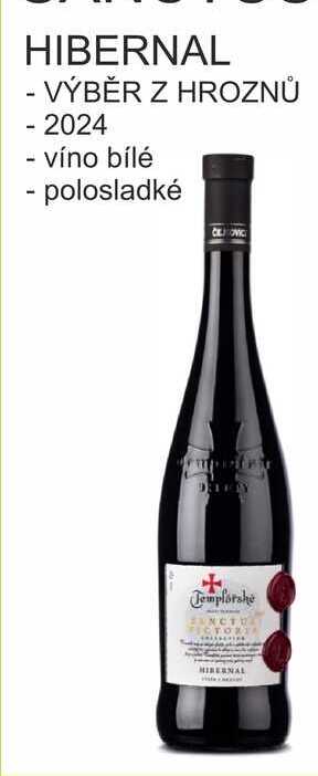 Templářské sklepy 0,75l HIBERNAL VÝBĚR Z HROZNŮ 2024, víno bílé - polosladké