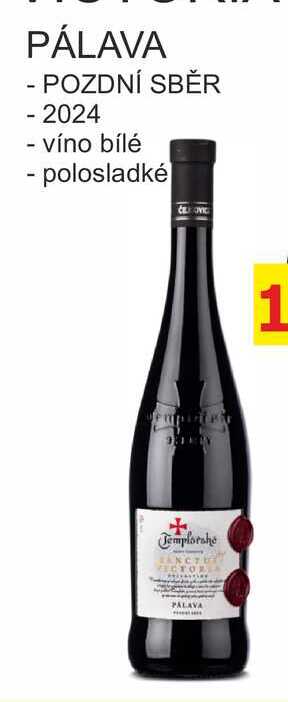 Templářské sklepy 0,75l PÁLAVA, POZDNÍ SBĚR 2024, víno bílé polosladké 