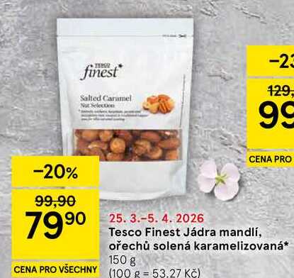 Tesco Finest Jádra mandlí, ořechů solená karamelizovaná, 150 g