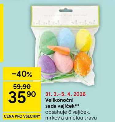 Velikonoční sada vajíček, obsahuje 6 vajíček, mrkev a umělou trávu 