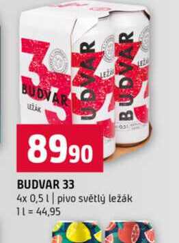 BUDVAR 33 4x 0,5l pivo světlý ležák 