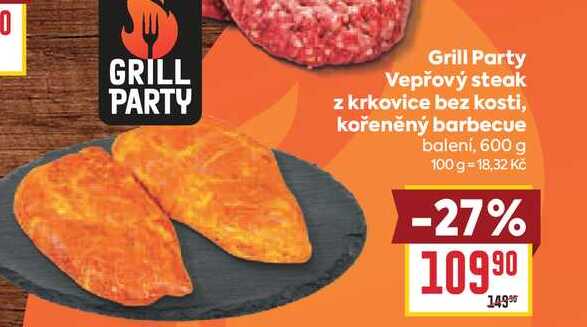 Grill Party Vepřový steak z krkovice bez kosti, kořeněný barbecue baleni, 600 g