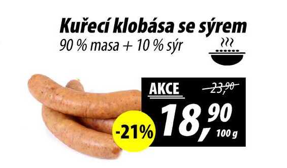 Kuřecí klobása se sýrem 90% masa +10% sýr, 100 g 