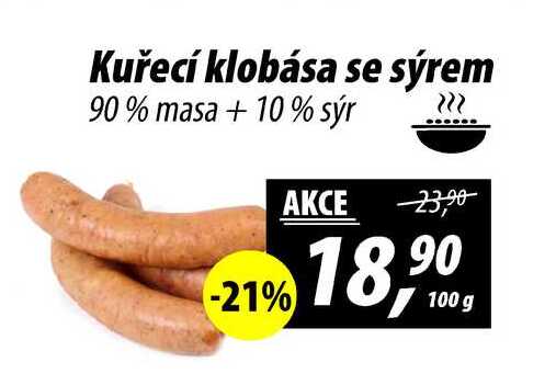 Kuřecí klobása se sýrem 90% masa + 10% sýr, 100 g 