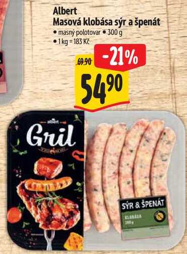 Albert Masová klobása sýr a špenát, 300 g