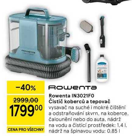 Rowenta IN3021FO Čistič koberců a tepovač, vysavač na suché i mokré čištění a odstraňování skvrn, na koberce. čalounění nebo do auta, nádrž na vodu a čisticí prostředek: 1,4 l