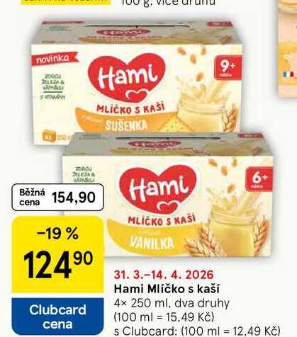 Hami Mlíčko s kaší, 4x 250 ml, dva druhy 