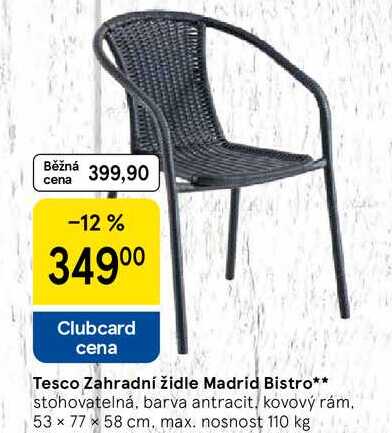 Tesco Zahradní židle Madrid Bistro, stohovatelná, barva antracit, kovový rám, 53 x 77 x 58 cm, max. nosnost 110 kg