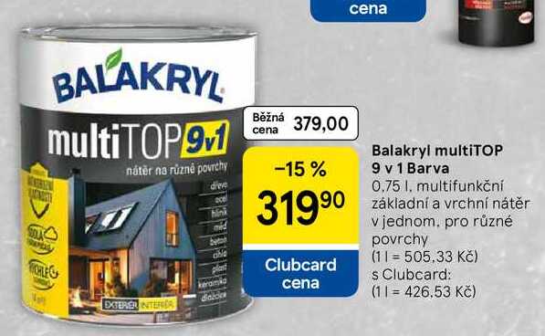 Balakryl multiTOP 9 v 1 Barva, 0,75 1, multifunkční základní a vrchní nátěr v jednom, pro různé povrchy 