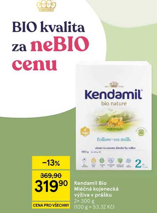 Kendamil Bio Mléčná kojenecká výživa v prášku, 2× 300 g