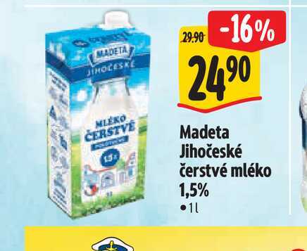   Madeta Jihočeské čerstvé mléko  1 l