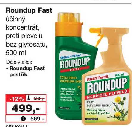 Roundup Fast účinný koncentrát, proti plevelu bez glyfosátu, 500 ml