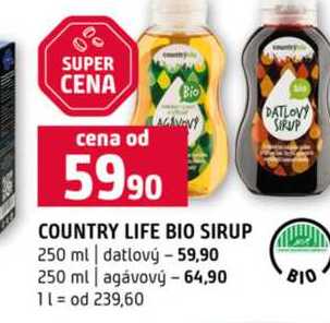 COUNTRY LIFE BIO SIRUP 250 ml datlový 250 ml agávový 
