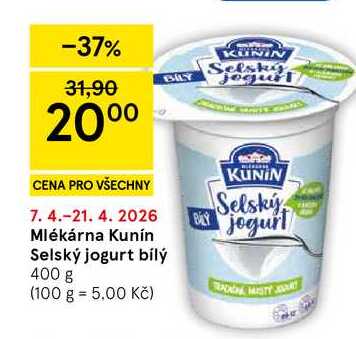 Mlékárna Kunín Selský jogurt bílý, 400 g 