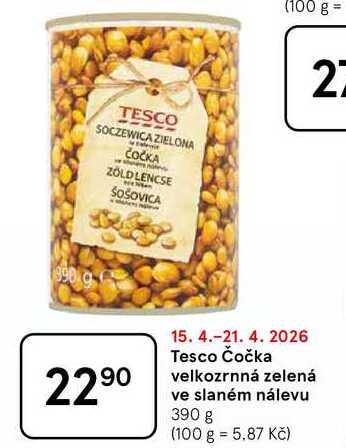 Tesco Čočka velkozrnná zelená ve slaném nálevu, 390 g