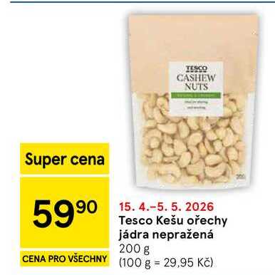 Tesco Kešu ořechy jádra nepražená, 200 g